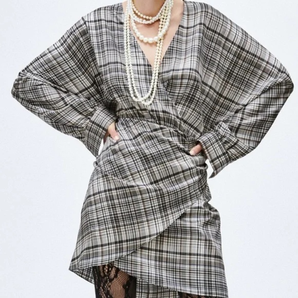 Zara Black and White Plaid Wrap Dress